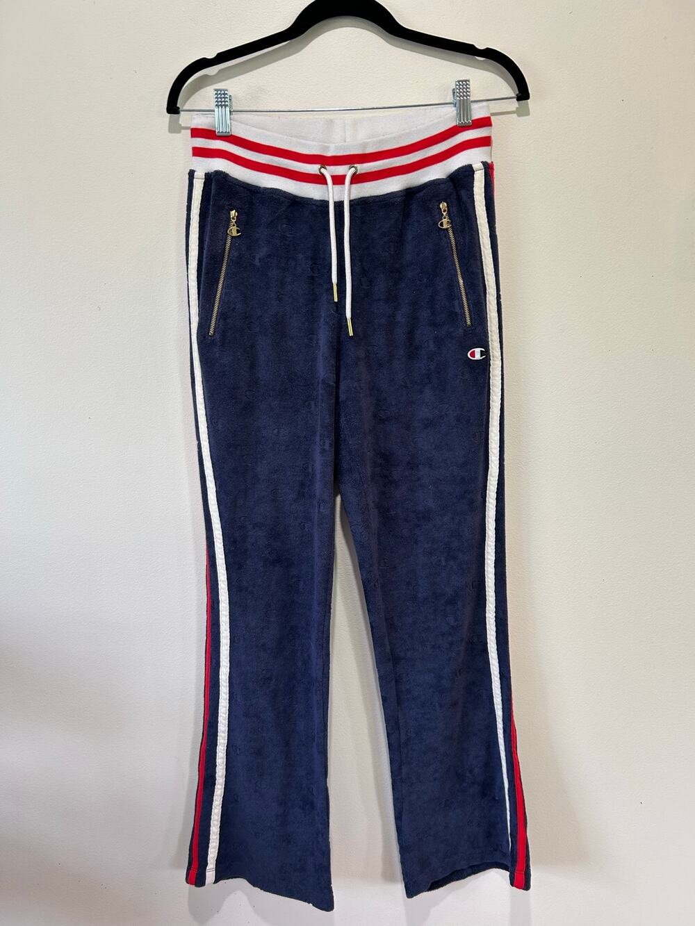 Champion Life Womens Terry Warm up slim flare pants S blue red retro athleisure